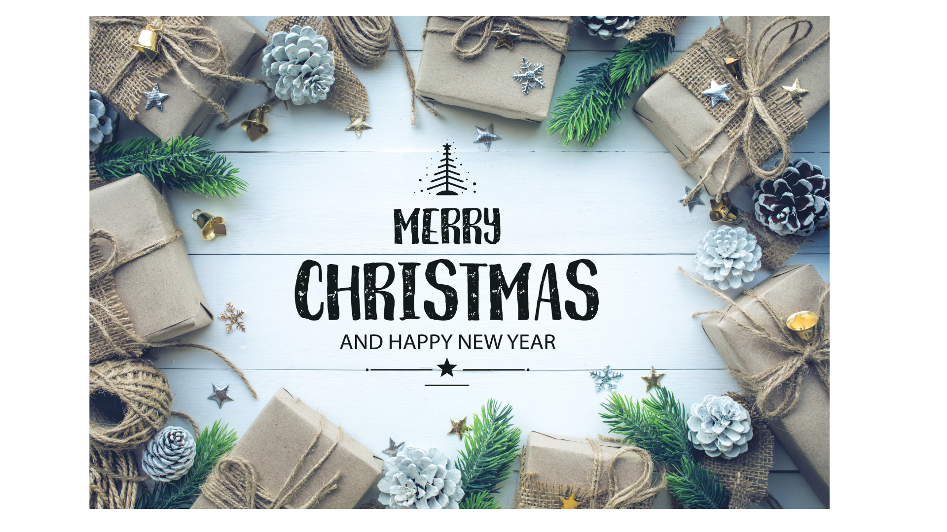 Christmas presents out lining words that say Merry Christmas