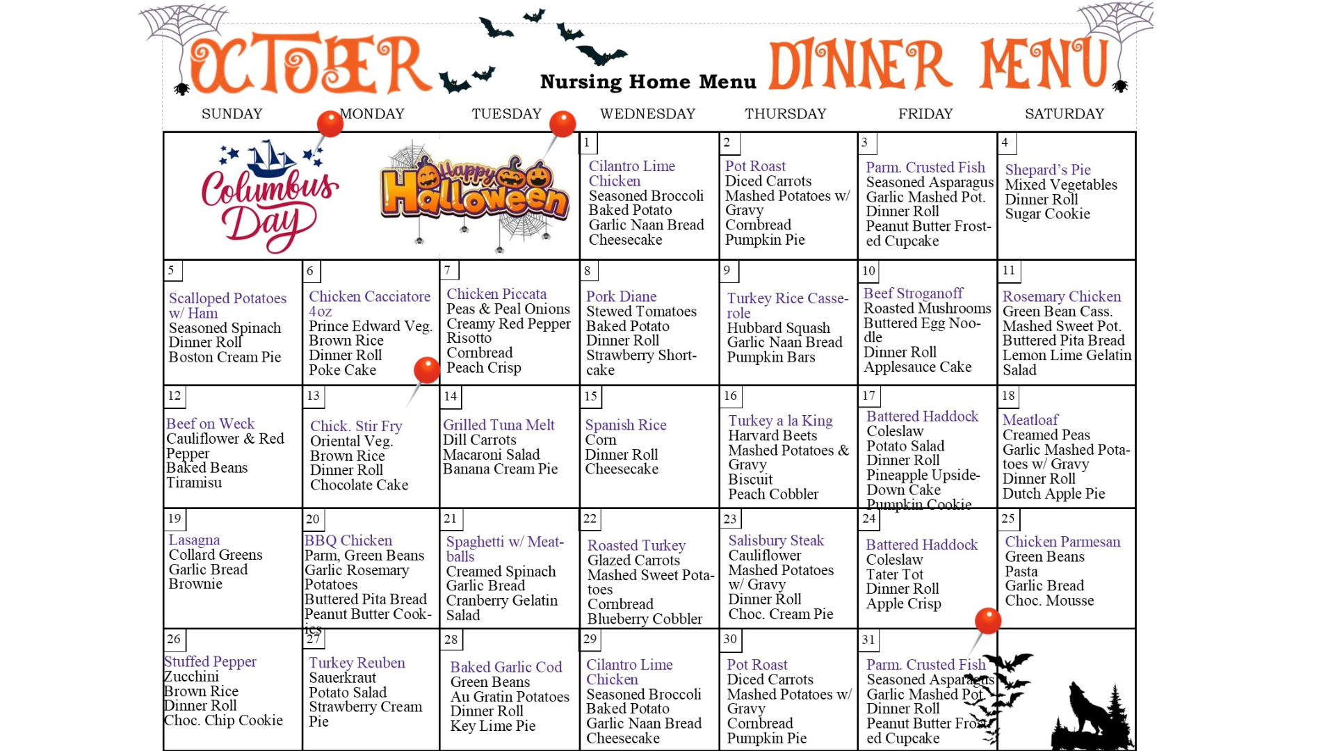 Oct dinner menu