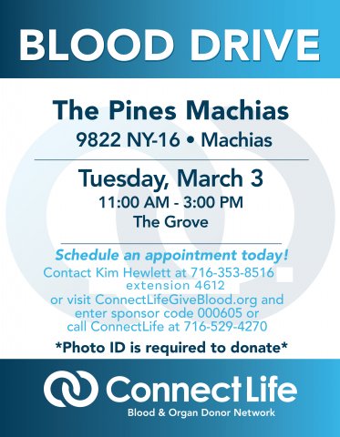 Poster for a blood drive on March 3, 2020 at the Pines Machias