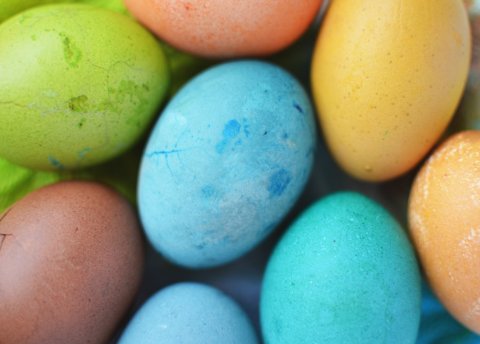 blue, green, yellow, and red colored easter eggs