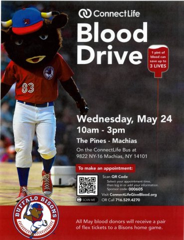 The Pines of Machias is hosting a Blood Drive on May 24th from 10am to 3 pm at the Machias Pines. look for the ConnectLife Bus out front. 