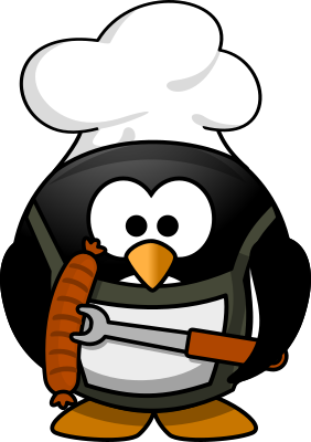 Penguin wearing an apron holding a hot dog on a fork