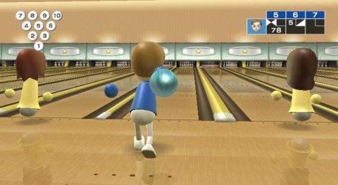Wii avatar on a bowling lane with a bowling ball in hand
