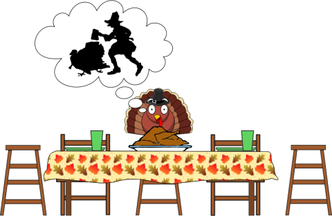 Turkey sitting at an empty table
