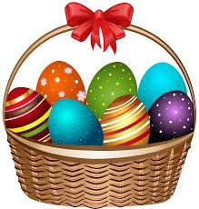 basket with bow filled with Easter Eggs