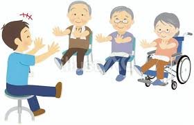 4 people exercising sitting down, 1 is in a wheel chair