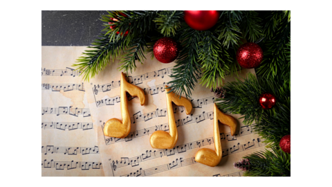 music notes with a Christmas tree next to them