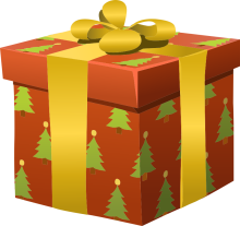 Box with Christmas tree wrapping paper with ribbon and a bow
