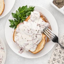 Chipped Beef on toast with plate and fork