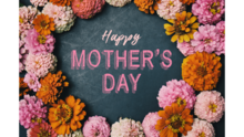 Happy Mother's Day sign with flowers surrounding it